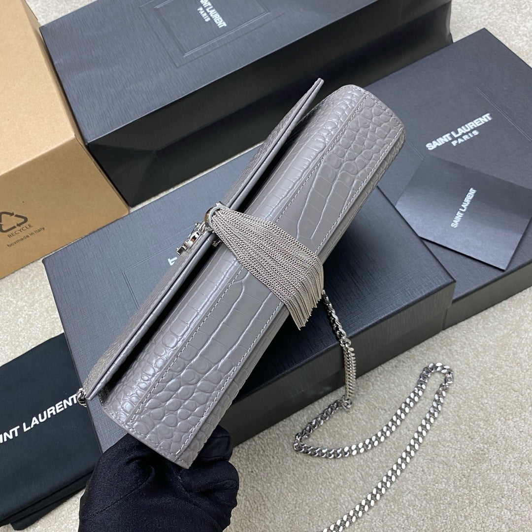 Saint Laurent Shoulder Bag Grafite Croc Ferragens Prata