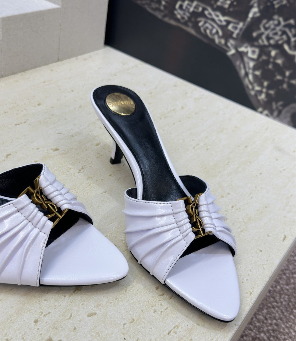 Saint Laurent Babylone Cassandra Draped Leather Mule White