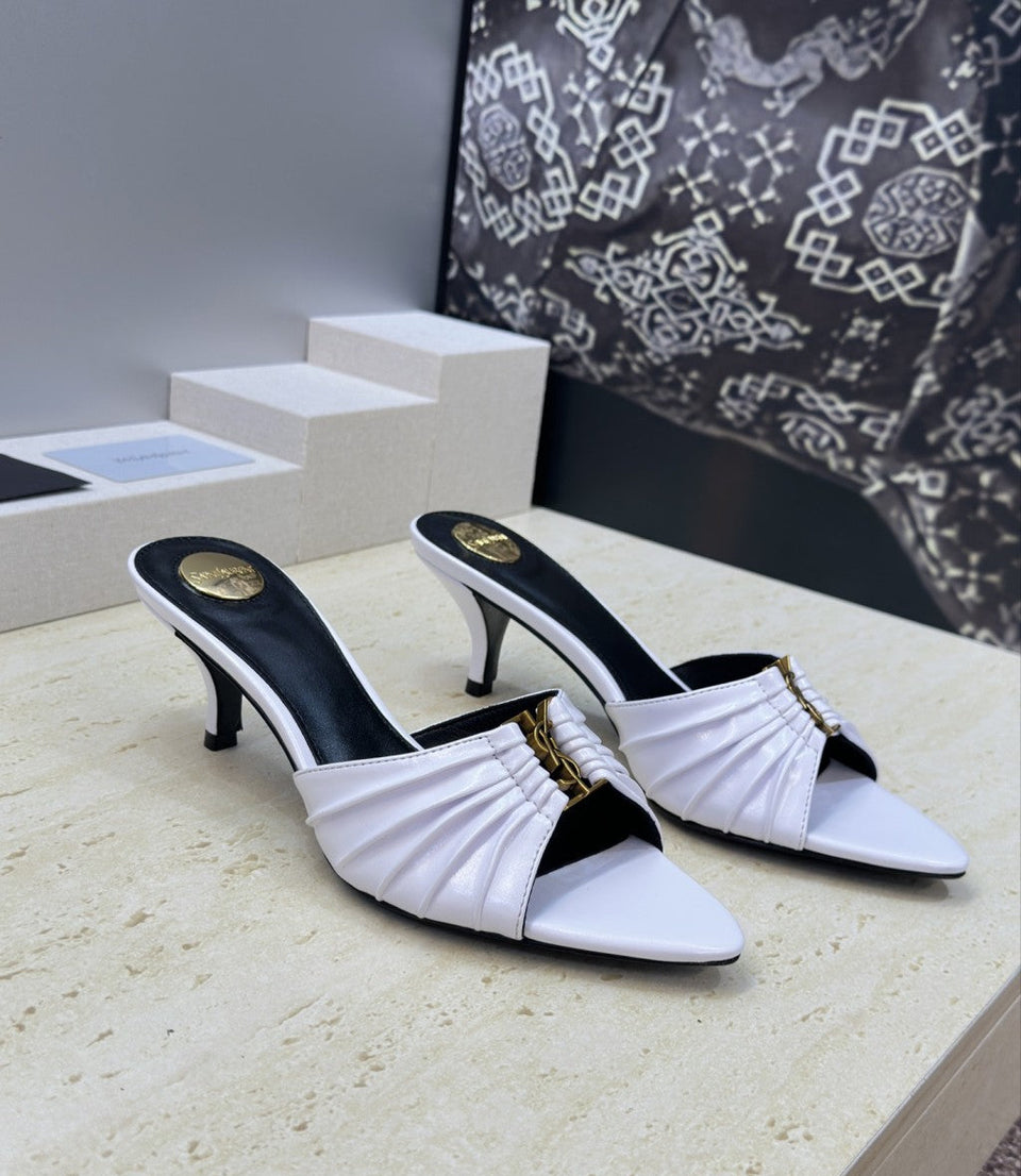 Saint Laurent Babylone Cassandra Draped Leather Mule White