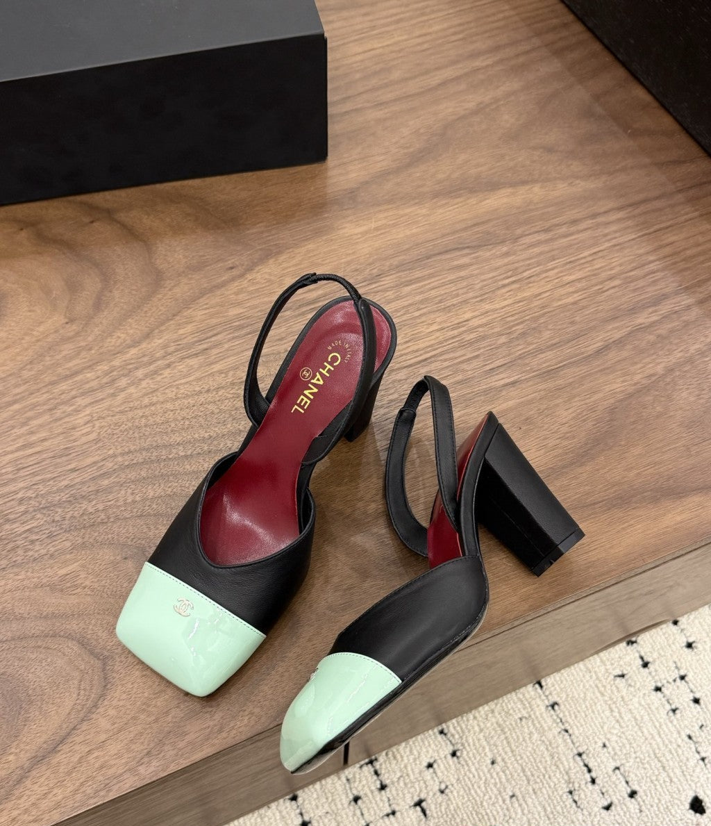 Chanel Slingback Block Heel  Black Mint & Green  Patent. Salto 9 cm.