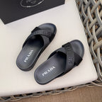 Prada Nylon Tape Crisscross Slides Black Leather ( Pronta entega )