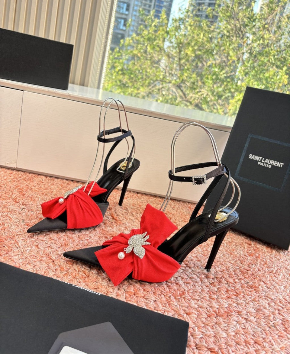 Saint Laurent Dove Sandals in Satin Crepe and Rhinestones Black / Red