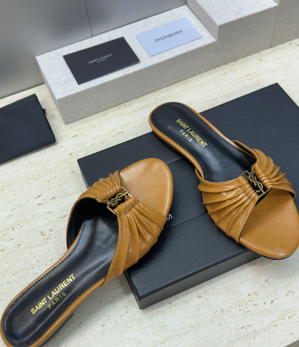 Saint Laurent  Flat Slide Sandals Camel Gold