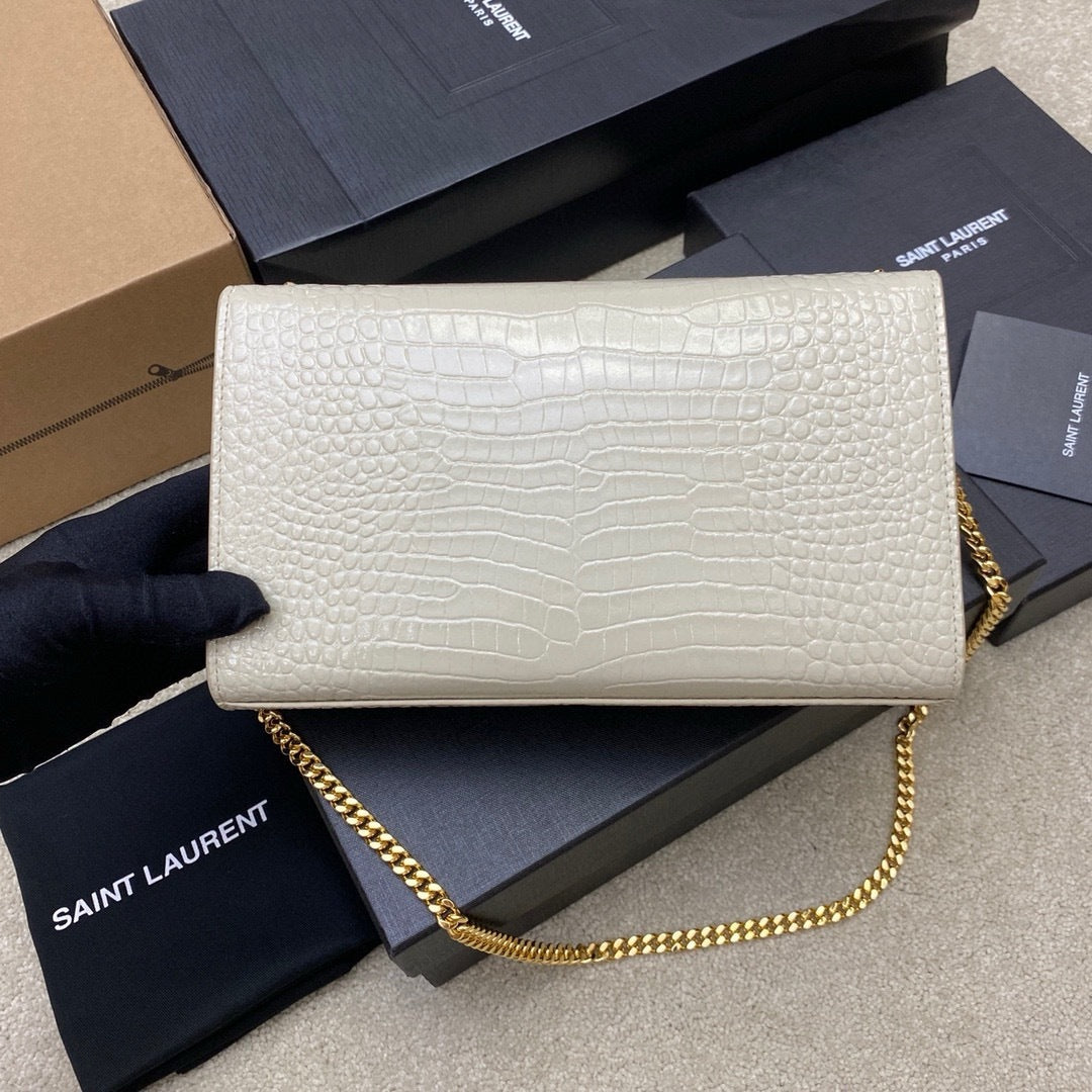 Saint Laurent Shoulder Bag Off-White Croc Ferragens Douradas