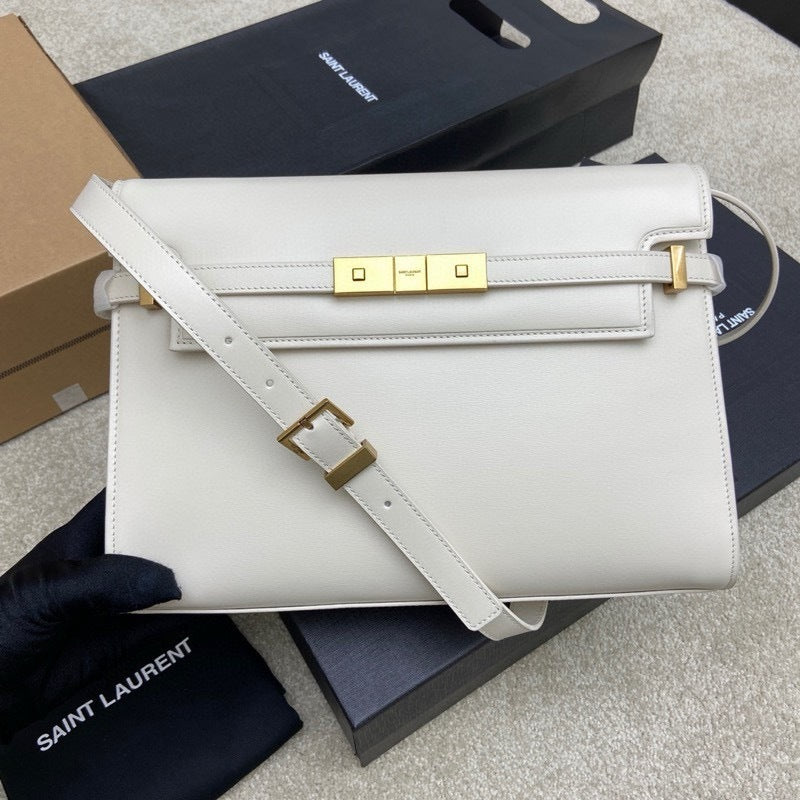 Saint Laurent Manhattan Small Shoulder Bag White Ferragens Douradas