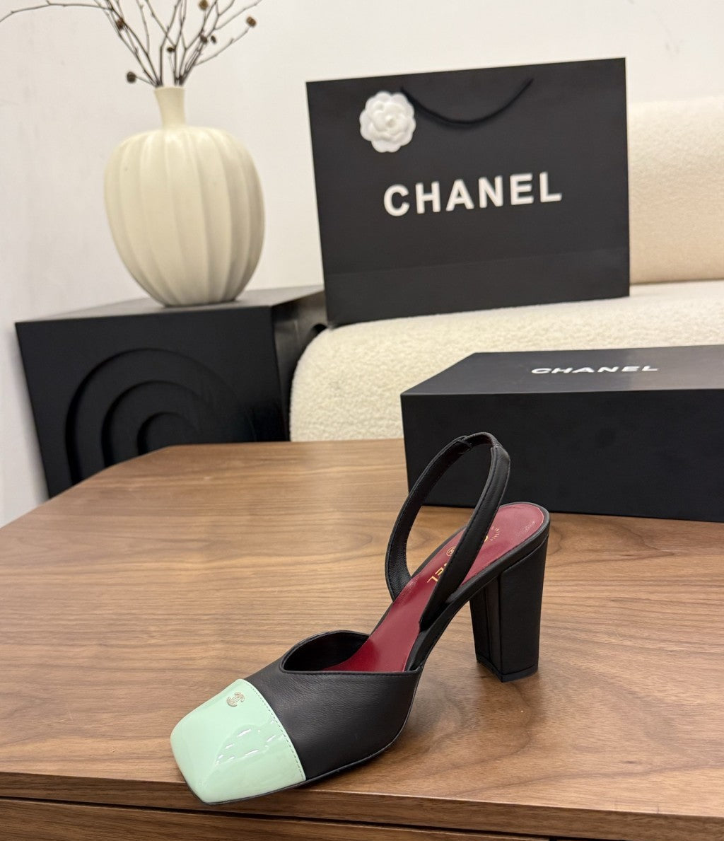 Chanel Slingback Block Heel  Black Mint & Green  Patent. Salto 9 cm.