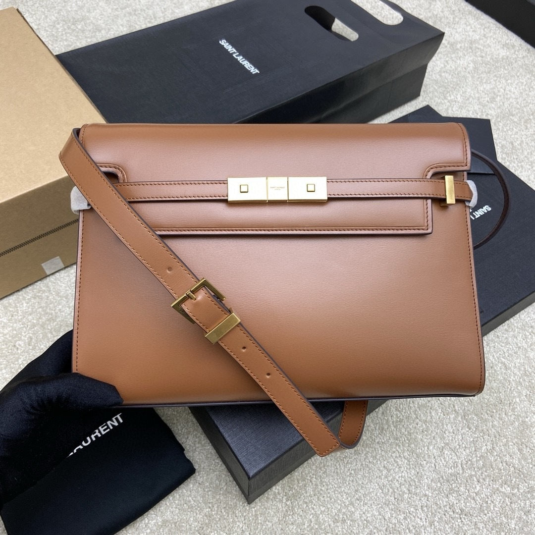 Saint Laurent Manhattan Small Shoulder Bag Brown Ferragens Douradas