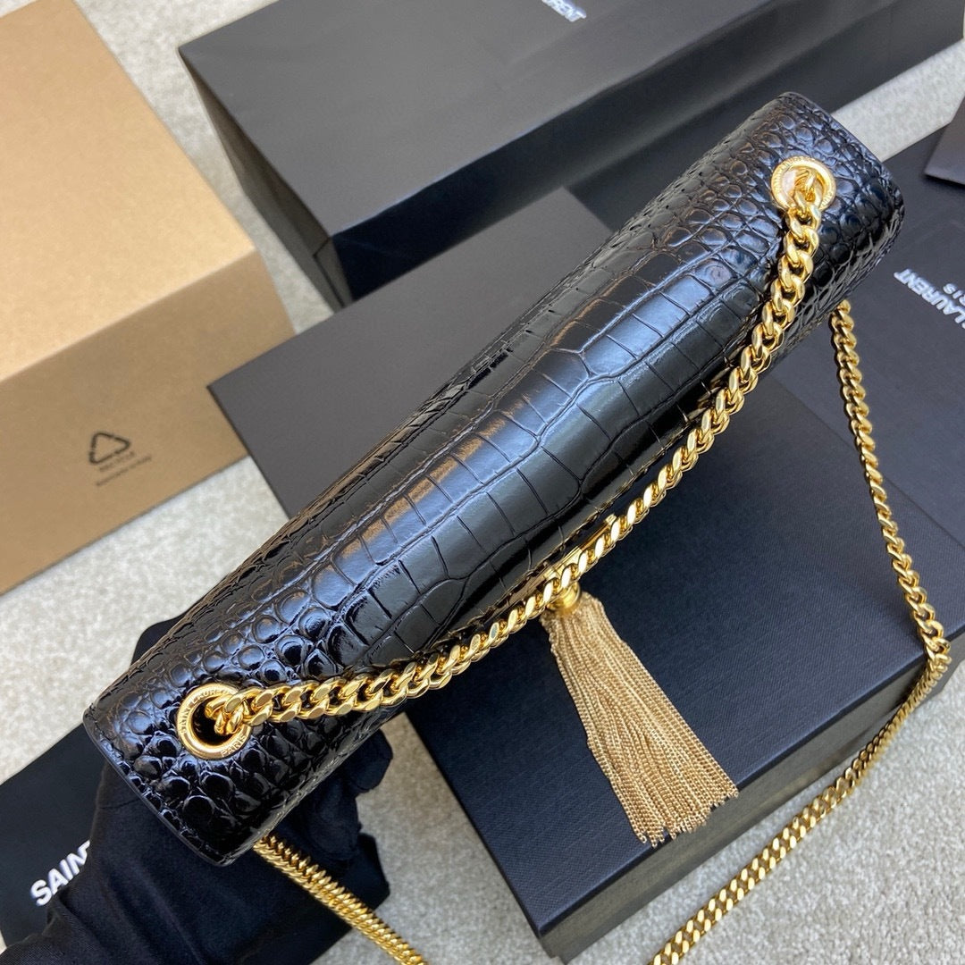 Saint Laurent Shoulder Bag Black Croc Ferragens Dourados