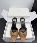 Saint Laurent Babylone Ruched Mules in Leather Camel
