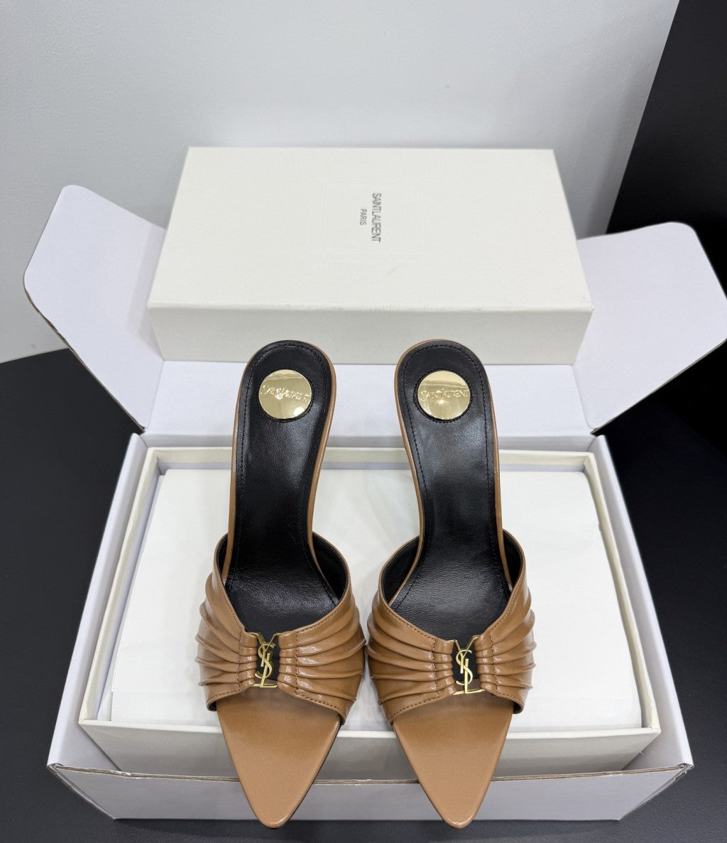 Saint Laurent Babylone Ruched Mules in Leather Camel