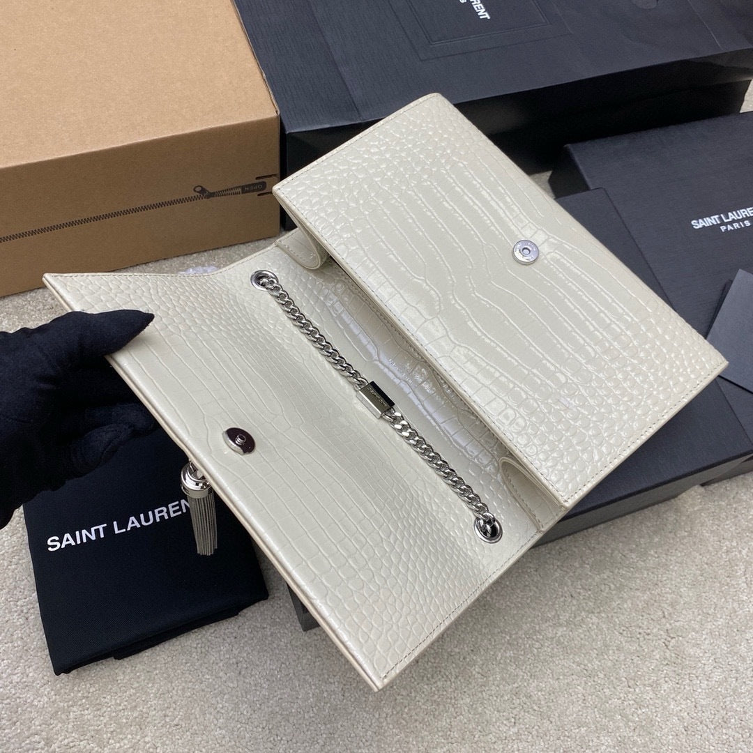 Saint Laurent Shoulder Bag Off-White Croc Ferragens Prata