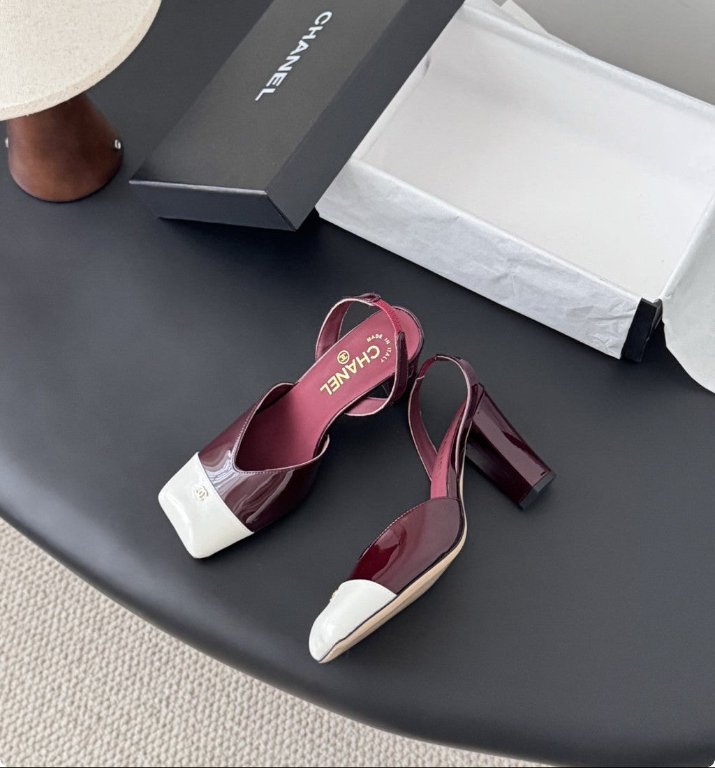 Chanel Slingback Block Heel  Burgundy & White  Patent. Salto 9 cm.