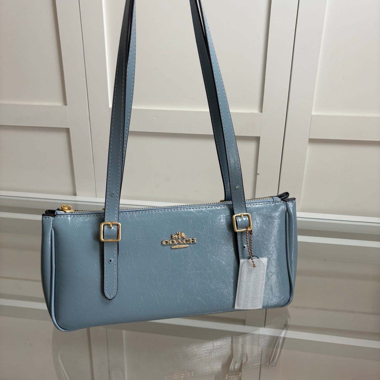 Coach Asher Shoulder Bag Shiny Crinkle Leather Blue