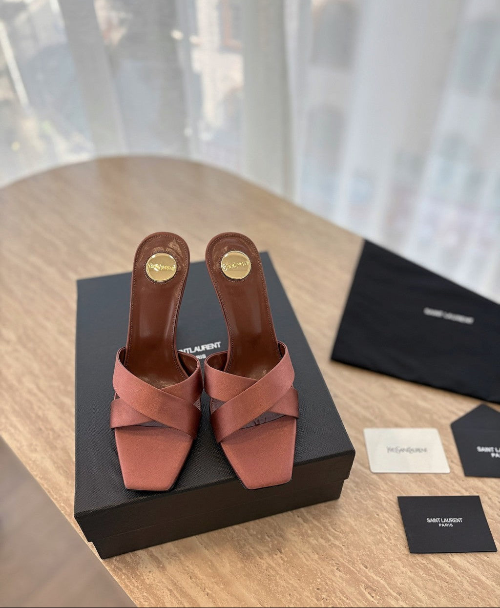 Saint Laurent  Mules Opyum Em Crepe De Cetim Manioc Brown