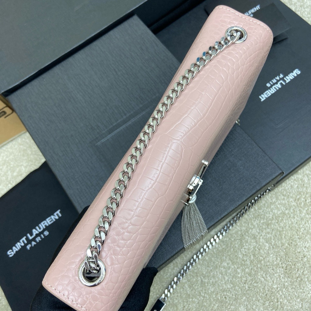 Saint Laurent Shoulder Bag Pink Blush Croc Ferragens Prata