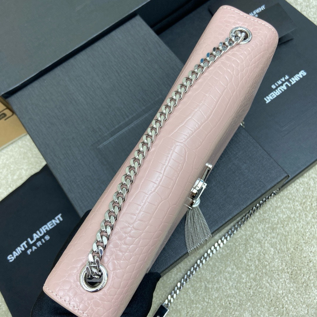 Saint Laurent Shoulder Bag Pink Blush Croc Ferragens Prata