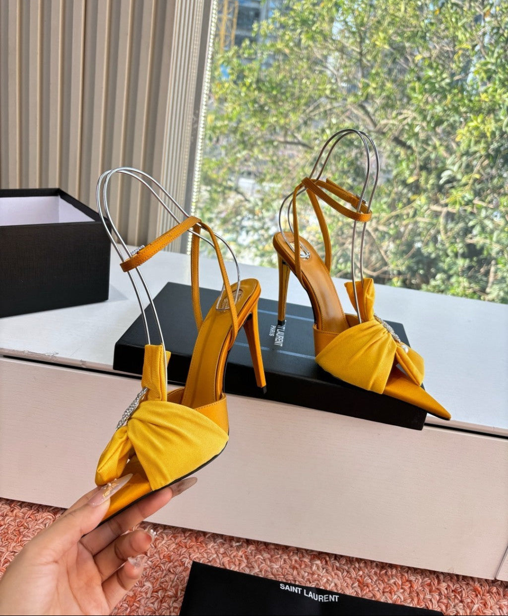 Saint Laurent Dove Sandals in Satin Crepe and Rhinestones Yellow