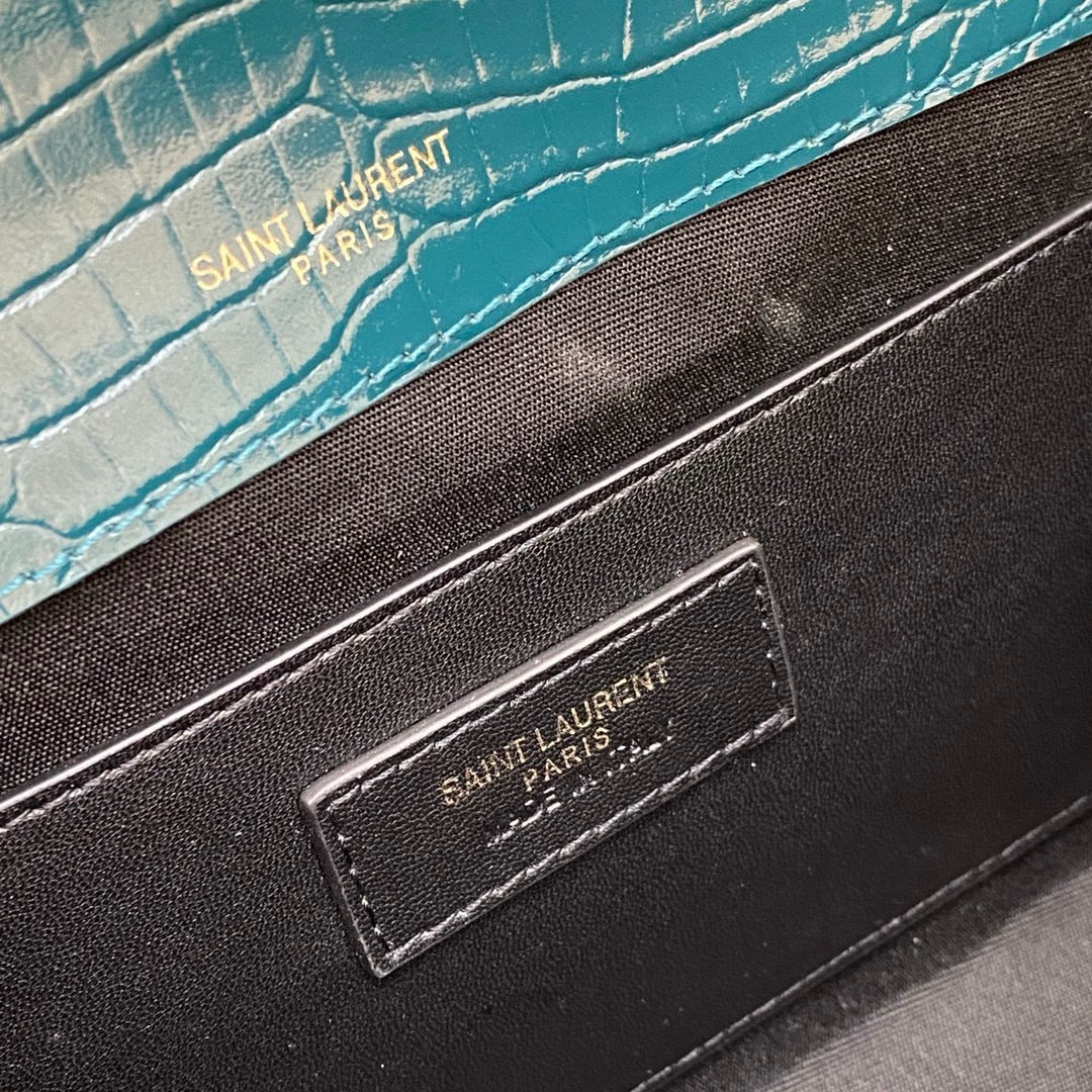Saint Laurent Shoulder Bag Blue petróleo Croc Ferragens Douradas