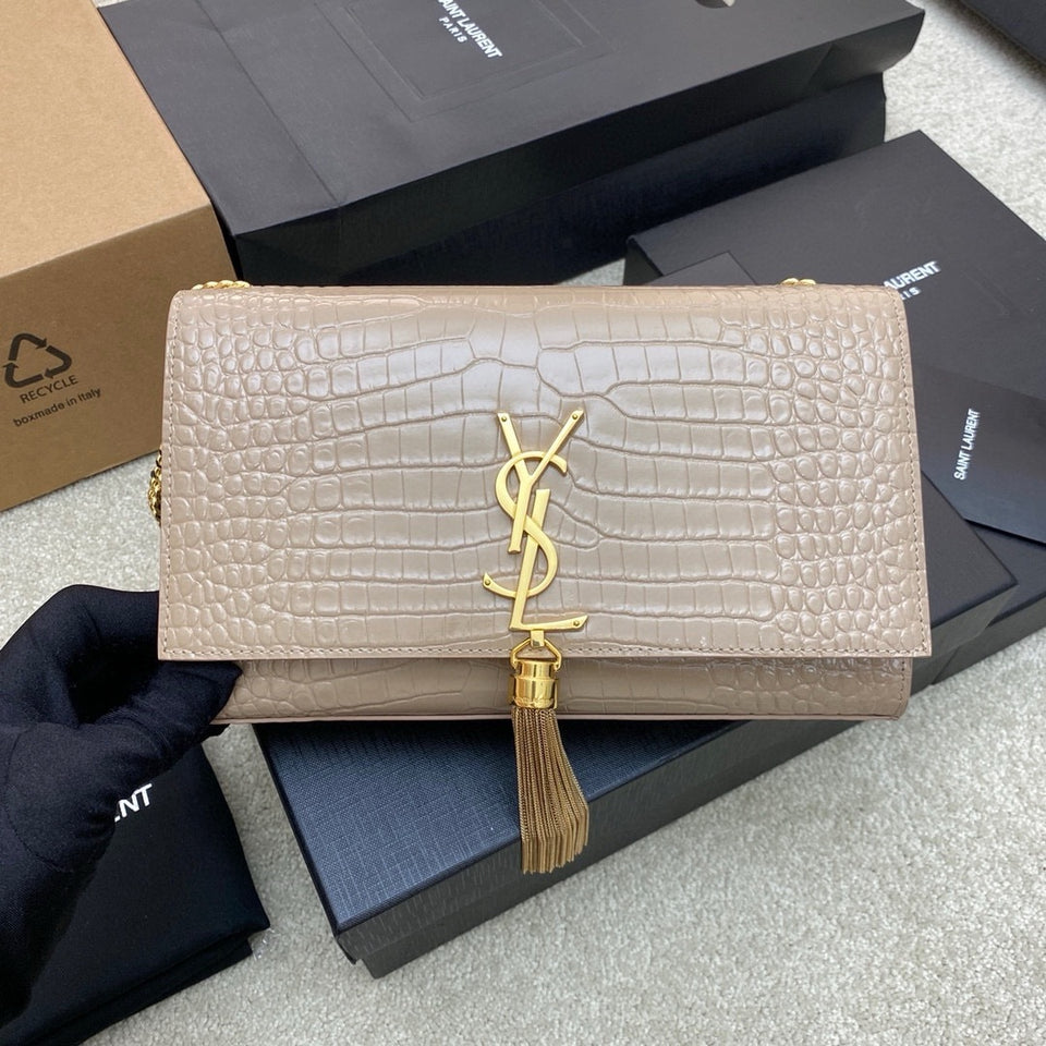 Saint Laurent Shoulder Bag Areia Dourada Croc Ferragens Douradas