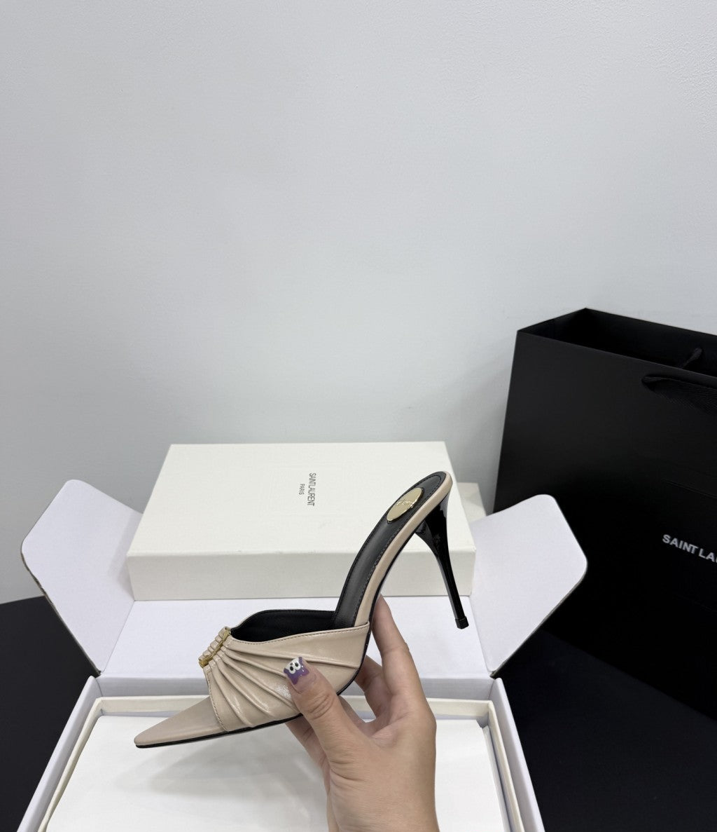Saint Laurent Babylone Ruched Mules in Leather Ivory