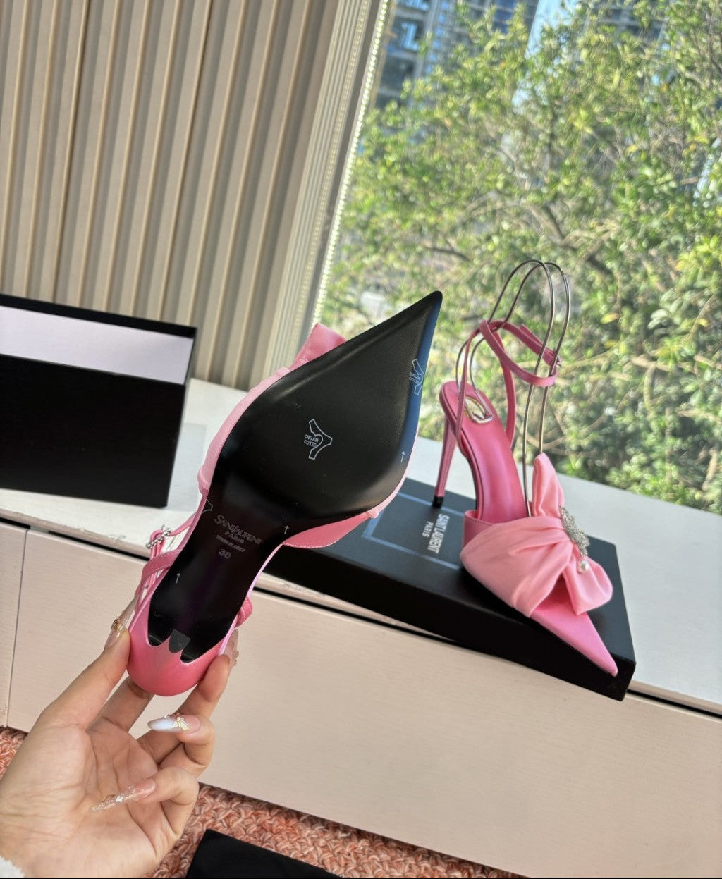 Saint Laurent Dove Sandals in Satin Crepe and Rhinestones Baby Pink