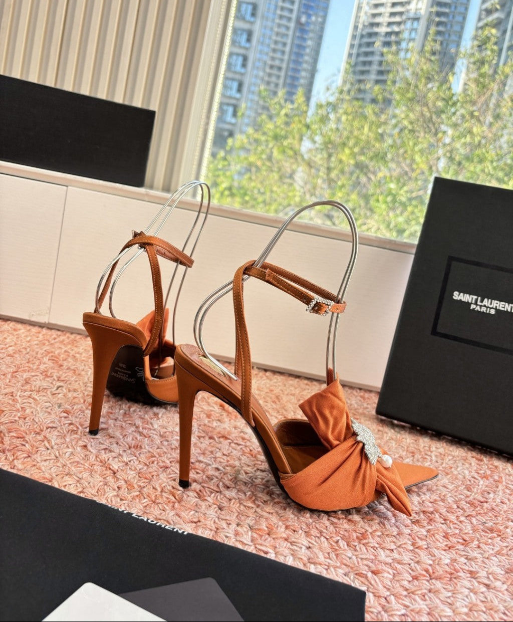 Saint Laurent Dove Sandals in Satin Crepe and Rhinestones Orange