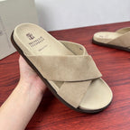 Brunello Cucinelli Slide De Camurça Com Tiras Cruzadas