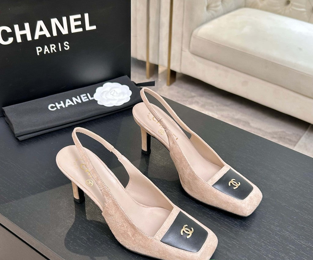 Chanel Slingback Heel Suede Beige Black Gold