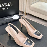 Chanel Slingback Heel Suede Beige Black Gold