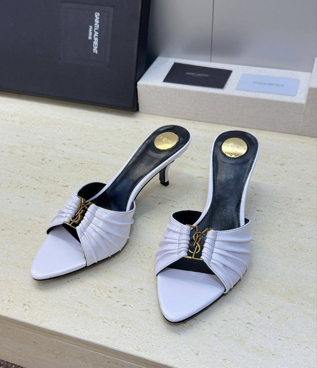 Saint Laurent Babylone Cassandra Draped Leather Mule White