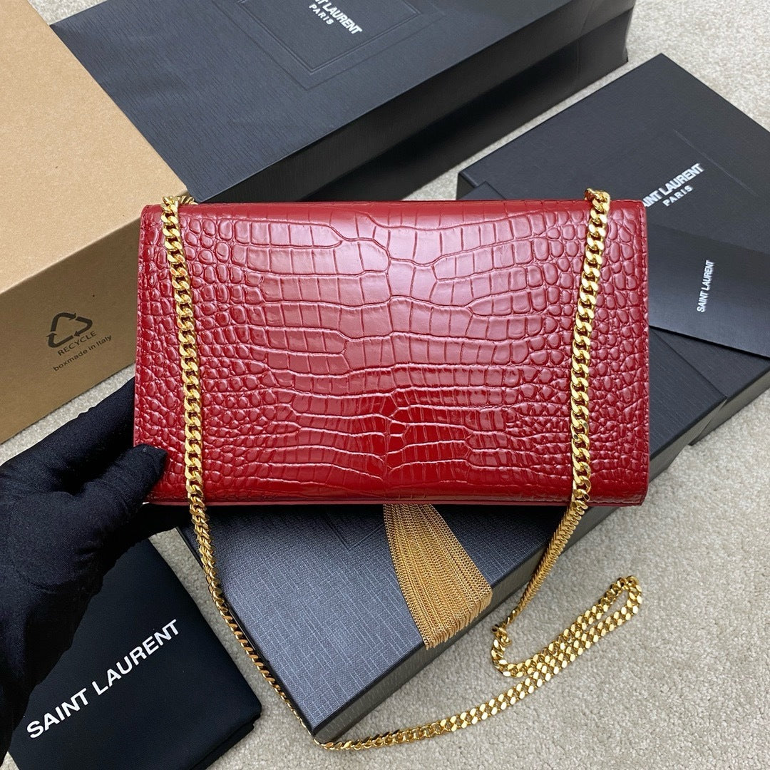 Saint Laurent Shoulder Bag Red Croc Ferragens Douradas