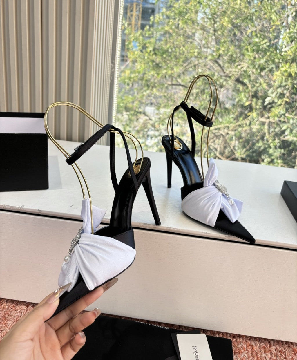 Saint Laurent Dove Sandals in Satin Crepe and Rhinestones Black / White