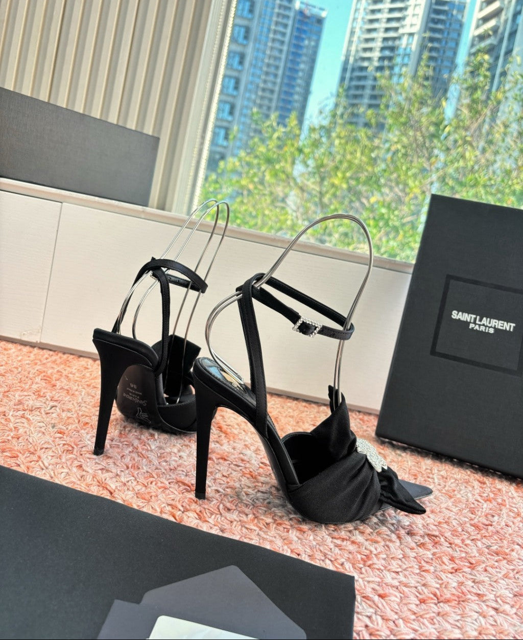 Saint Laurent Dove Sandals in Satin Crepe and Rhinestones Black / Black