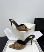 Saint Laurent Babylone Ruched Mules in Leather Camel