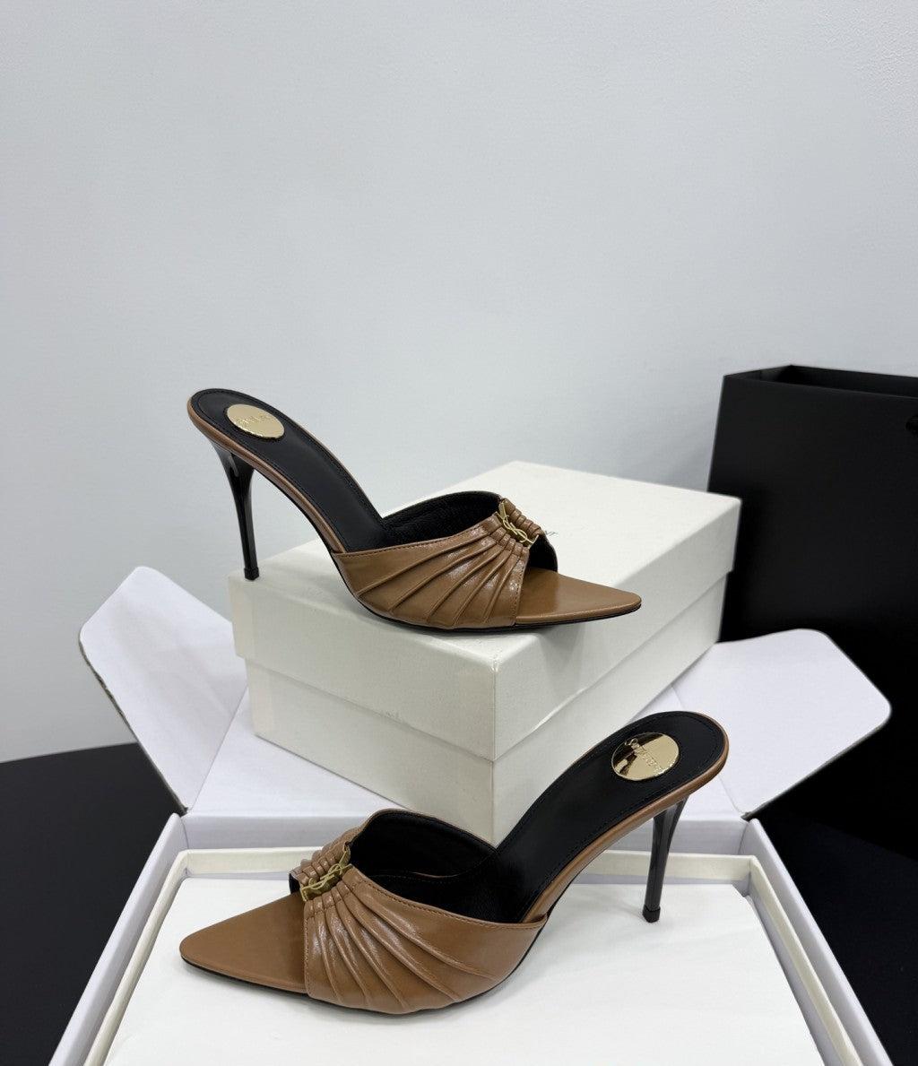 Saint Laurent Babylone Ruched Mules in Leather Camel