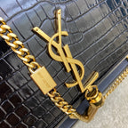 Saint Laurent Shoulder Bag Black Croc Ferragens Dourados