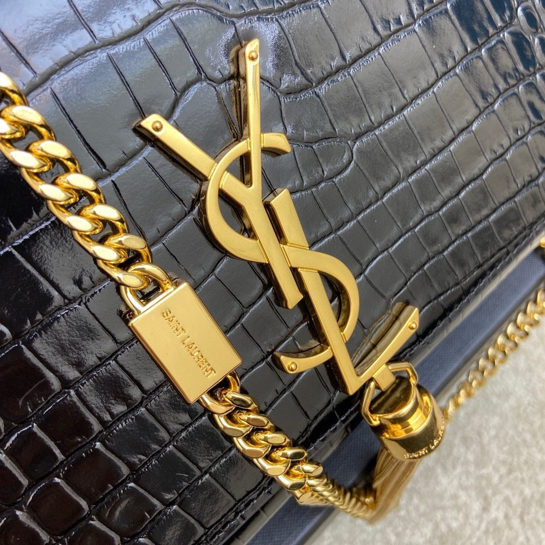 Saint Laurent Shoulder Bag Black Croc Ferragens Dourados