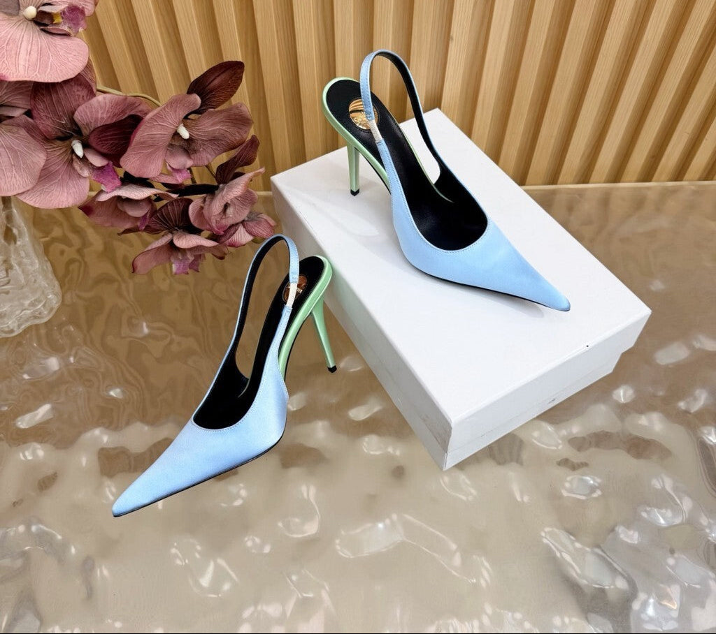 Saint Laurent Scarpin Slingback Deroche  Soft Blue & Pastel Green em  Crepe de Cetim