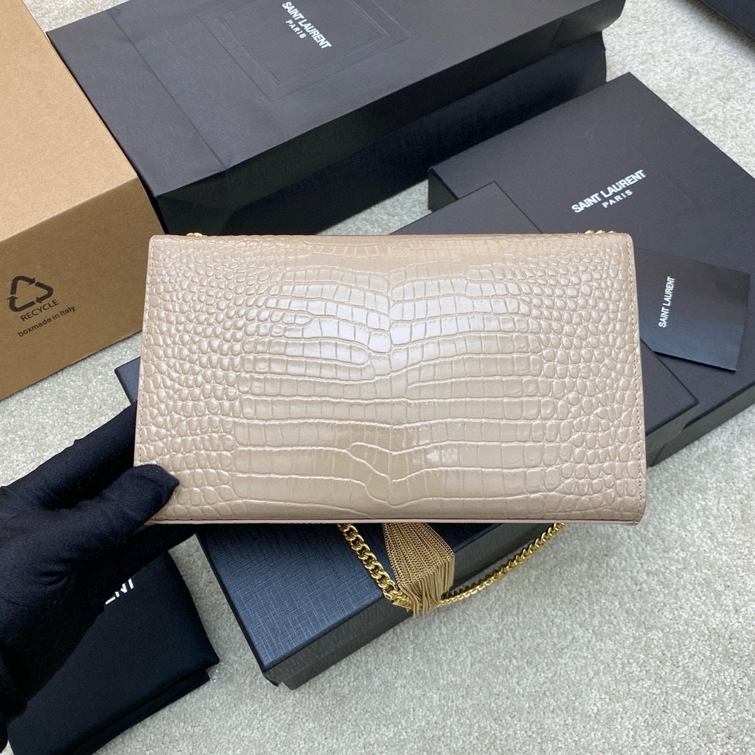 Saint Laurent Shoulder Bag Areia Dourada Croc Ferragens Douradas