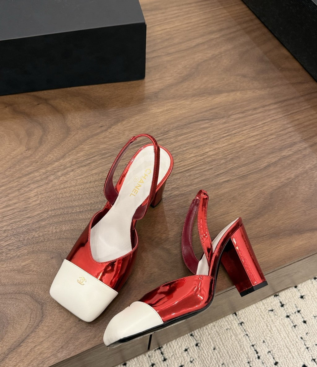 Chanel Slingback Block Heel  Metallic Red & White  Patent. Salto 9 cm.