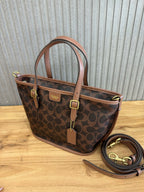 Coach Taxi Tote 21 Signature Brown Ferragens Douradas
