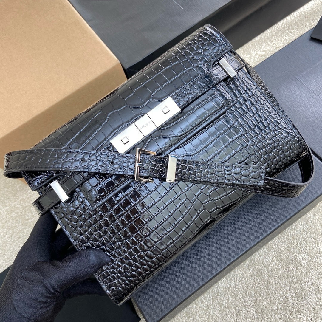 Saint Laurent Manhattan Small Shoulder Bag Croc Black Ferragens Prata