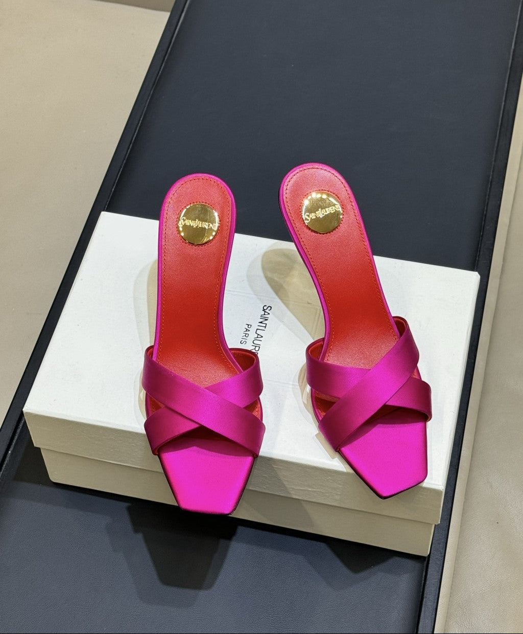 Saint Laurent  Mules Opyum Em Crepe De Cetim Rosa Choque