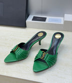 Saint Laurent Babylone Heeled Slide Sandals Green Gold