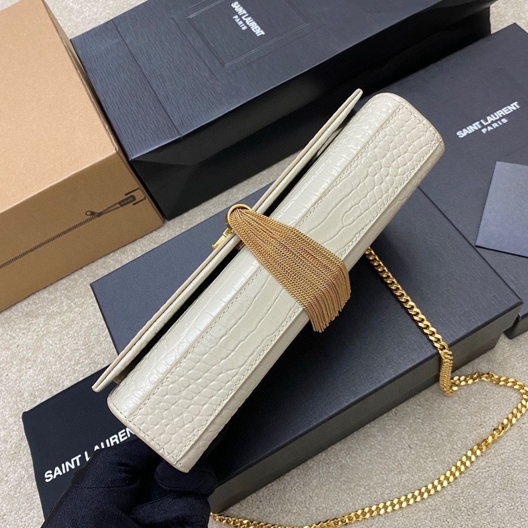 Saint Laurent Shoulder Bag Off-White Croc Ferragens Douradas