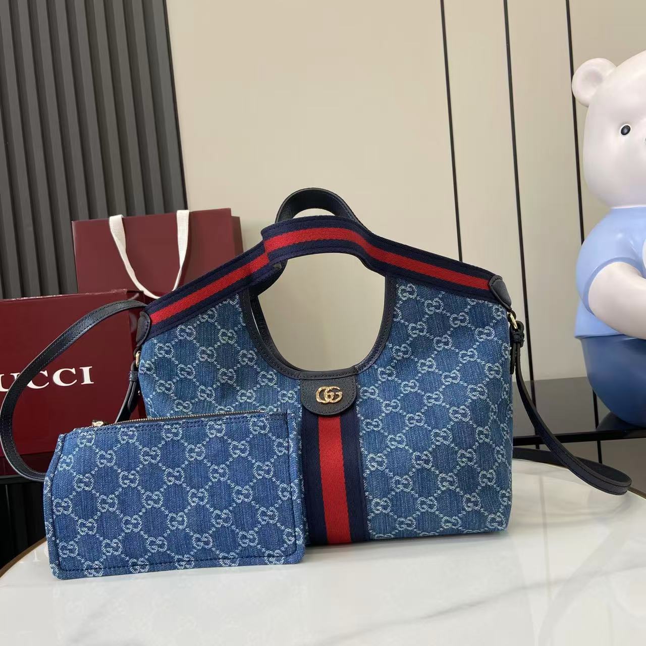 Gucci Giglio Large Tote Bag Blue Denim