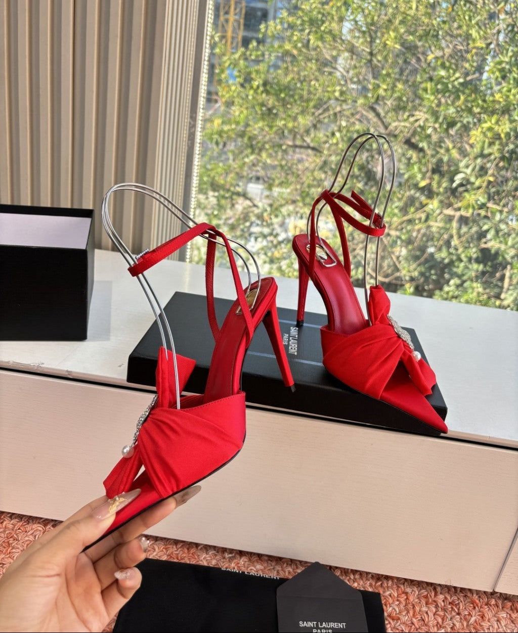 Saint Laurent Dove Sandals in Satin Crepe and Rhinestones Red