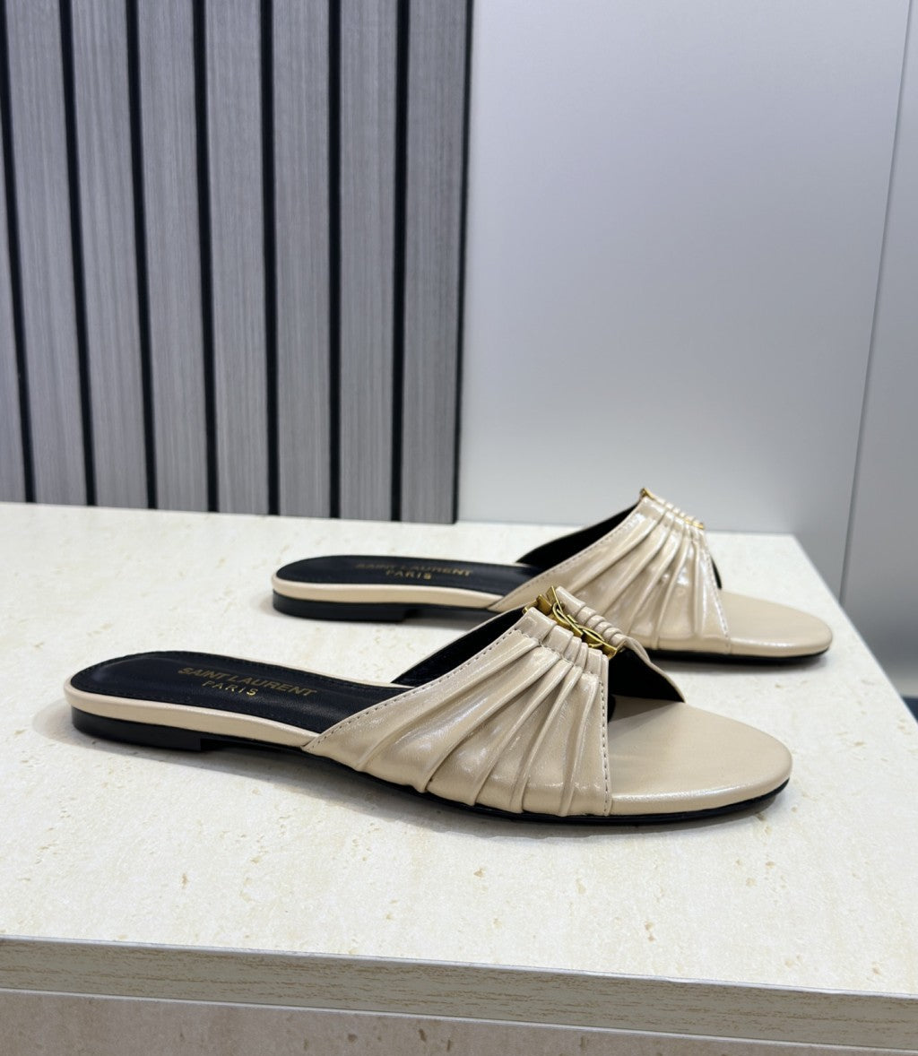 Saint Laurent Flat Slide Sandals Beige Gold
