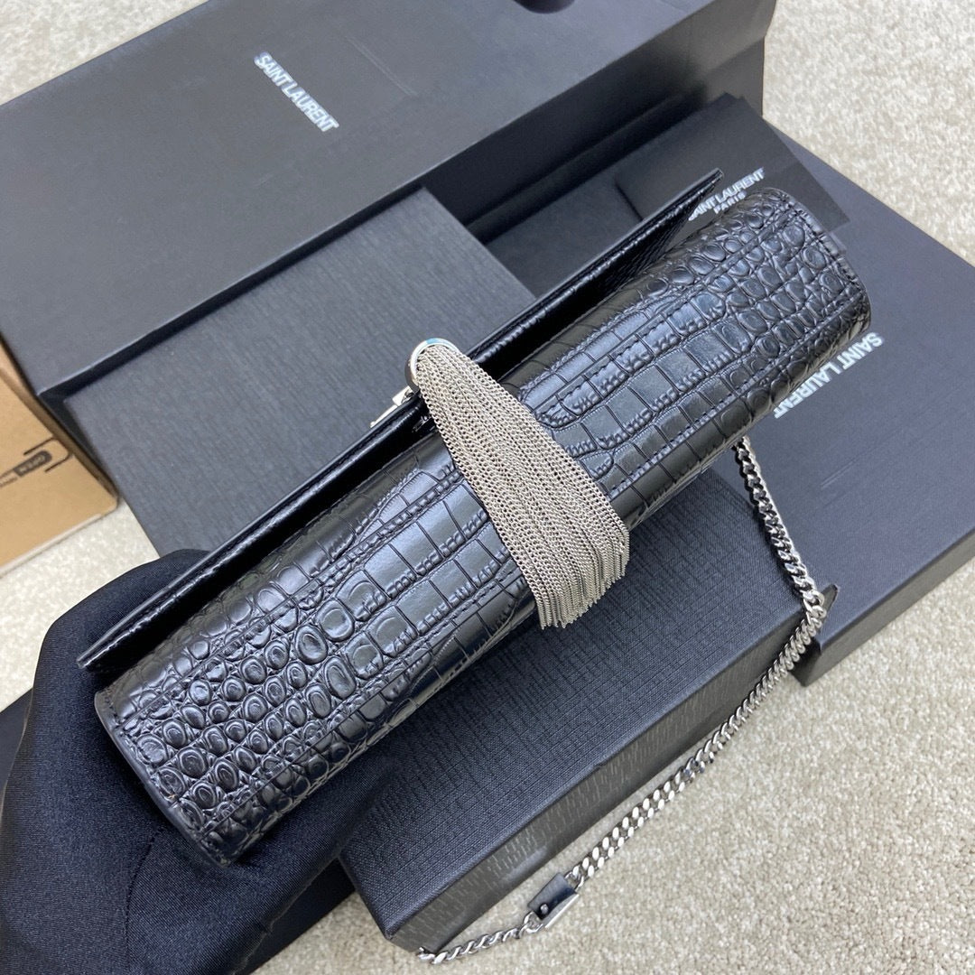 Saint Laurent Shoulder Bag Black Croc Ferragens Prata