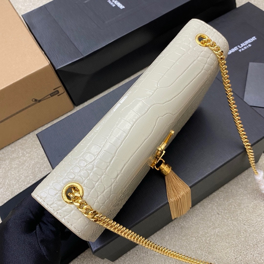 Saint Laurent Shoulder Bag Off-White Croc Ferragens Douradas